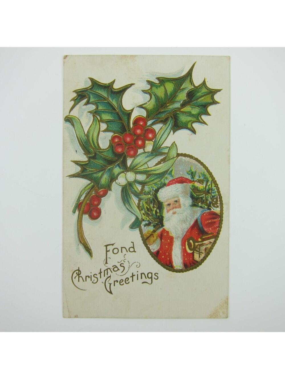 Christmas Postcard Santa Bag Toys Tree Snow Holly Berries Embossed Antique 1908